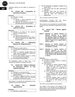 CRIMINAL LAW REVIEWER
200
Legislative officers are not liable for usurpation of
powers.
10. Article 240 - Usurpation of
Executive Functions
Elements:
(1) Offender is a judge;
(2) That he:
(a) assumes a power pertaining to the
executive authorities, or
(b) obstructs the executive authorities in
the lawful exercise of their powers.
11. Article 241 - Usurpation of
Judicial Functions
Elements:
(1) Offender is an officer of the executive
branch of the government;
(2) That he:
(a) assumes judicial powers, or
(b) obstructs the execution of any order or
decision rendered by any judge within
his jurisdiction.
12. Article 242 - Disobeying
Request for Disqualification
Elements:
(1) Offender is a public officer;
(2) A proceeding is pending before such public
officer;
(3) There is a question brought before the
proper authority regarding his jurisdiction,
which is not yet decided;
(4) He has been lawfully required to refrain
from continuing the proceeding;
(5) He continues the proceeding.
The disobedient officer is liable even if the
jurisdictional question is resolved in his favor.
13. Article 243 - Orders or Request
by Executive Officer to Any
Judicial Authority
Elements:
(1) Offender is an executive officer;
(2) He addresses any order or suggestion to any
judicial authority;
(3) The order or suggestion relates to any case
or business coming within the exclusive
jurisdiction of the courts of justice.
The purpose is to maintain the independence of the
judiciary from executive dictations.
14. Article 244 - Unlawful
Appointments
Elements:
(1) Offender is a public officer;
(2) He nominates or appoints a person to a
public office;
(3) Such person lacks the legal qualifications
therefore;
(4) Offender knows that his nominee or
appointee lacks the qualification at the
time he made the nomination or
appointment.
This can also be covered by RA 3019.
Recommending, knowing that the person
recommended is not qualified is not a crime.
There must be a law providing for the qualifications
of a person to be nominated or appointed to a public
office.
15. Article 245 - Abuses against
Chastity
Mode 1. Soliciting or making immoral or
indecent advances to a woman
interested in matters pending before
the offending officer for decision, or
with respect to which he is required to
submit a report to or consult with a
superior officer;
Mode 2. Soliciting or making immoral or
indecent advances to a woman under
the offender’s custody;
Mode 3. Soliciting or making immoral or
indecent advances to the wife,
daughter, sister or relative within the
same degree by affinity of any person
in the custody of the offending warden
or officer.
Elements:
(1) Offender is a public officer;
(2) He solicits or makes immoral or indecent
advances to a woman;
(3) Such woman is –
(a) interested in matters pending before
the offender for decision, or with
respect to which he is required to
submit a report to or consult with a
superior officer; or
(b) under the custody of the offender who
is a warden or other public officer
directly charged with the care and
custody of prisoners or persons under
arrest; or
(c) the wife, daughter, sister or relative
within the same degree by affinity of
the person in the custody of the
offender.
The crime is consummated by mere proposal.
The mother of the person in the custody of the
public officer is not included but the offender may
be prosecuted under the Section 28 of RA 3019 (Anti-
Graft and Corrupt Practices Act).
 