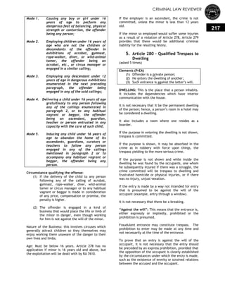 CRIMINAL LAW REVIEWER
217
Mode 1. Causing any boy or girl under 16
years of age to perform any
dangerous feat of balancing, physical
strength or contortion, the offender
being any person;
Mode 2. Employing children under 16 years of
age who are not the children or
descendants of the offender in
exhibitions of acrobat, gymnast,
rope-walker, diver, or wild-animal
tamer, the offender being an
acrobat, etc., or circus manager or
engaged in a similar calling;
Mode 3. Employing any descendant under 12
years of age in dangerous exhibitions
enumerated in the next preceding
paragraph, the offender being
engaged in any of the said callings;
Mode 4. Delivering a child under 16 years of age
gratuitously to any person following
any of the callings enumerated in
paragraph 2, or to any habitual
vagrant or beggar, the offender
being an ascendant, guardian,
teacher or person entrusted in any
capacity with the care of such child;
Mode 5. Inducing any child under 16 years of
age to abandon the home of its
ascendants, guardians, curators or
teachers to follow any person
engaged in any of the callings
mentioned in paragraph 2 or to
accompany any habitual vagrant or
beggar, the offender being any
person.
Circumstance qualifying the offense:
(1) If the delivery of the child to any person
following any of the calling of acrobat,
gymnast, rope-walker, diver, wild-animal
tamer or circus manager or to any habitual
vagrant or beggar is made in consideration
of any price, compensation or promise, the
penalty is higher.
(2) The offender is engaged in a kind of
business that would place the life or limb of
the minor in danger, even though working
for him is not against the will of the minor.
Nature of the Business: this involves circuses which
generally attract children so they themselves may
enjoy working there unaware of the danger to their
own lives and limbs.
Age: Must be below 16 years. Article 278 has no
application if minor is 16 years old and above, but
the exploitation will be dealt with by RA 7610.
If the employer is an ascendant, the crime is not
committed, unless the minor is less than 12 years
old.
If the minor so employed would suffer some injuries
as a result of a violation of Article 278, Article 279
provides that there would be additional criminal
liability for the resulting felony.
5. Article 280 - Qualified Trespass to
Dwelling
(asked 5 times)
Elements (PrEA)
(1) Offender is a private person;
(2) He enters the dwelling of another;
(3) Such entrance is against the latter‘s will.
DWELLING: This is the place that a person inhabits.
It includes the dependencies which have interior
communication with the house.
It is not necessary that it be the permanent dwelling
of the person; hence, a person‘s room in a hotel may
be considered a dwelling.
It also includes a room where one resides as a
boarder.
If the purpose in entering the dwelling is not shown,
trespass is committed.
If the purpose is shown, it may be absorbed in the
crime as in robbery with force upon things, the
trespass yielding to the more serious crime.
If the purpose is not shown and while inside the
dwelling he was found by the occupants, one whom
he subsequently injured if there was a struggle, the
crime committed will be trespass to dwelling and
frustrated homicide or physical injuries, or if there
was no injury, unjust vexation.
If the entry is made by a way not intended for entry
that is presumed to be against the will of the
occupant (example, entry through a window).
It is not necessary that there be a breaking.
―Against the will‖: This means that the entrance is,
either expressly or impliedly, prohibited or the
prohibition is presumed.
Fraudulent entrance may constitute trespass. The
prohibition to enter may be made at any time and
not necessarily at the time of the entrance.
To prove that an entry is against the will of the
occupant, it is not necessary that the entry should
be preceded by an express prohibition, provided that
the opposition of the occupant is clearly established
by the circumstances under which the entry is made,
such as the existence of enmity or strained relations
between the accused and the occupant.
 