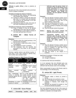 CRIMINAL LAW REVIEWER
218
Offender is public officer: crime is violation of
domicile.
No overt act of the crime intended to be committed:
Crime is trespass to dwelling.
Examples of trespass by means of violence:
(1) Pushing the door violently and maltreating
the occupants after entering.
(2) Cutting of a ribbon or string with which the
door latch of a closed room was fastened.
The cutting of the fastenings of the door
was an act of violence.
(3) Wounding by means of a bolo, the owner of
the house immediately after entrance
Examples of trespass by means of intimidation:
(1) Firing a revolver in the air by persons
attempting to force their way into a house.
(2) The flourishing of a bolo against inmates of
the house upon gaining an entrance
6. Article 281 - Other Forms of
Trespass
Elements:
(1) Offender enters the closed premises or the
fenced estate of another;
(2) The entrance is made while either of them
is uninhabited;
(3) The prohibition to enter is manifest;
(4) The trespasser has not secured the
permission of the owner or the caretaker
thereof.
Premises: signifies distinct and definite locality. It
may mean a room, shop, building or definite area,
but in either case, locality is fixed.
Qualified Trespass vs. Other Forms of Trespass
QUALIFIED TRESPASS TO
DWELLING
(ART. 280)
OTHER FORMS OF
TRESPASS
(ART. 281)
Offender is a private
person
The offender is any
person
Offender enters a
dwelling
Offender enters closed
premises or fenced
estate
Place entered is
inhabited
Place entered is
uninhabited
Act constituting the
crime is entering the
dwelling against the will
of the owner
It is the entering the
closed premises or the
fenced estate without
securing the permission
of the owner or
caretaker thereof
Prohibition to enter is
express or implied
Prohibition to enter must
be manifest
7. Article 282 - Grave Threats
Mode 1. Threatening another with the
infliction upon his person, honor or
property or that of this family of any
wrong amounting to a crime and
demanding money or imposing any
other condition, even though not
unlawful, and the offender attained
his purpose;
Elements:
(1) That the offender threatens another person
with the infliction upon the latter‘s person,
honor or property, or upon that of the
latter‘s family, of any wrong.
(2) That such wrong amounts to a crime.
(3) That there is a demand for money or that
any other condition is imposed, even though
not unlawful.
(4) That the offender attains his purpose.
Mode 2. Making such threat without the
offender attaining his purpose;
Mode 3. Threatening another with the
infliction upon his person, honor or
property or that of his family of any
wrong amounting to a crime, the
threat not being subject to a
condition.
Elements:
(1) That the offender threatens another person
with the infliction upon the latter‘s person,
honor or property, or upon that of the
latter‘s family, of any wrong.
(2) That such wrong amounts to a crime.
(3) That the threat is not subject to a
condition.
Qualifying Circumstance: If threat was made
(1) in writing OR
(2) through a middleman.
It is essential that there be intimidation.
It is not necessary that the offended party was
present at the time the threats were made. It is
sufficient that the threats came to his knowledge.
When consummated: As soon as the threats came to
the knowledge of the offended party.
8. Article 283 - Light Threats
Elements:
(1) Offender makes a threat to commit a
wrong;
(2) The wrong does not constitute a crime;
(3) There is a demand for money or that other
condition is imposed, even though not
unlawful;
(4) Offender has attained his purpose or, that
he has not attained his purpose.
The harm threatened must not be in the nature of
crime and there is a demand for money or any other
condition is imposed, even though lawful.
 