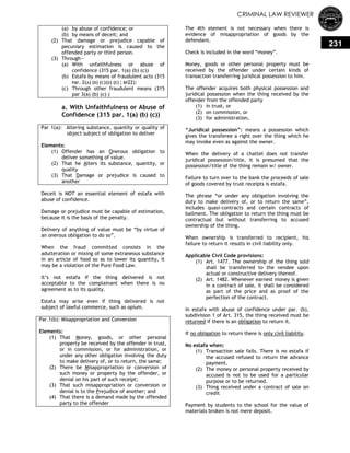 CRIMINAL LAW REVIEWER
231
(a) by abuse of confidence; or
(b) by means of deceit; and
(2) That damage or prejudice capable of
pecuniary estimation is caused to the
offended party or third person.
(3) Through—
(a) With unfaithfulness or abuse of
confidence (315 par. 1(a) (b) (c))
(b) Estafa by means of fraudulent acts (315
Par. 2(A) (B) (C)(D) (E) ; BP22):
(c) Through other fraudulent means (315
par 3(a) (b) (c) )
a. With Unfaithfulness or Abuse of
Confidence (315 par. 1(a) (b) (c))
Par 1(a): Altering substance, quantity or quality of
object subject of obligation to deliver
Elements:
(1) Offender has an Onerous obligation to
deliver something of value.
(2) That he Alters its substance, quantity, or
quality
(3) That Damage or prejudice is caused to
another
Deceit is NOT an essential element of estafa with
abuse of confidence.
Damage or prejudice must be capable of estimation,
because it is the basis of the penalty.
Delivery of anything of value must be ―by virtue of
an onerous obligation to do so‖.
When the fraud committed consists in the
adulteration or mixing of some extraneous substance
in an article of food so as to lower its quantity, it
may be a violation of the Pure Food Law.
It‘s not estafa if the thing delivered is not
acceptable to the complainant when there is no
agreement as to its quality.
Estafa may arise even if thing delivered is not
subject of lawful commerce, such as opium.
Par.1(b): Misappropriation and Conversion
Elements:
(1) That Money, goods, or other personal
property be received by the offender in trust,
or in commission, or for administration, or
under any other obligation involving the duty
to make delivery of, or to return, the same;
(2) There be Misappropriation or conversion of
such money or property by the offender, or
denial on his part of such receipt;
(3) That such misappropriation or conversion or
denial is to the Prejudice of another; and
(4) That there is a demand made by the offended
party to the offender
The 4th element is not necessary when there is
evidence of misappropriation of goods by the
defendant.
Check is included in the word ―money‖.
Money, goods or other personal property must be
received by the offender under certain kinds of
transaction transferring juridical possession to him.
The offender acquires both physical possession and
juridical possession when the thing received by the
offender from the offended party
(1) in trust, or
(2) on commission, or
(3) for administration,
―Juridical possession‖: means a possession which
gives the transferee a right over the thing which he
may invoke even as against the owner.
When the delivery of a chattel does not transfer
juridical possession/title, it is presumed that the
possession/title of the thing remain w/ owner.
Failure to turn over to the bank the proceeds of sale
of goods covered by trust receipts is estafa.
The phrase ―or under any obligation involving the
duty to make delivery of, or to return the same‖,
includes quasi-contracts and certain contracts of
bailment. The obligation to return the thing must be
contractual but without transferring to accused
ownership of the thing.
When ownership is transferred to recipient, his
failure to return it results in civil liability only.
Applicable Civil Code provisions:
(1) Art. 1477. The ownership of the thing sold
shall be transferred to the vendee upon
actual or constructive delivery thereof.
(2) Art. 1482. Whenever earnest money is given
in a contract of sale, it shall be considered
as part of the price and as proof of the
perfection of the contract.
In estafa with abuse of confidence under par. (b),
subdivision 1 of Art. 315, the thing received must be
returned if there is an obligation to return it.
If no obligation to return there is only civil liability.
No estafa when:
(1) Transaction sale fails. There is no estafa if
the accused refused to return the advance
payment.
(2) The money or personal property received by
accused is not to be used for a particular
purpose or to be returned.
(3) Thing received under a contract of sale on
credit
Payment by students to the school for the value of
materials broken is not mere deposit.
 