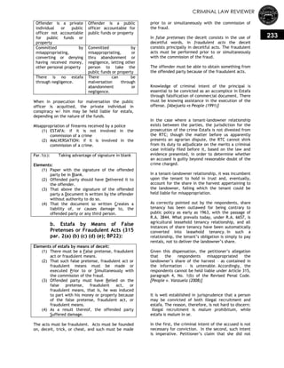 CRIMINAL LAW REVIEWER
233
Offender is a private
individual or public
officer not accountable
for public funds or
property
Offender is a public
officer accountable for
public funds or property
Committed by
misappropriating,
converting or denying
having received money,
other personal property
Committed by
misappropriating, or
thru abandonment or
negligence, letting other
person to take the
public funds or property
There is no estafa
through negligence.
There can be
malversation through
abandonment or
negligence.
When in prosecution for malversation the public
officer is acquitted, the private individual in
conspiracy w/ him may be held liable for estafa,
depending on the nature of the funds.
Misappropriation of firearms received by a police
(1) ESTAFA: if it is not involved in the
commission of a crime
(2) MALVERSATION: if it is involved in the
commission of a crime.
Par.1(c): Taking advantage of signature in blank
Elements:
(1) Paper with the signature of the offended
party be in Blank.
(2) Offended party should have Delivered it to
the offender.
(3) That above the signature of the offended
party a Document is written by the offender
without authority to do so.
(4) That the document so written Creates a
liability of, or causes damage to, the
offended party or any third person.
b. Estafa by Means of False
Pretenses or Fraudulent Acts (315
par. 2(a) (b) (c) (d) (e); BP22):
Elements of estafa by means of deceit:
(1) There must be a False pretense, fraudulent
act or fraudulent means.
(2) That such false pretense, fraudulent act or
fraudulent means must be made or
executed Prior to or Simultaneously with
the commission of the fraud.
(3) Offended party must have Relied on the
false pretense, fraudulent act, or
fraudulent means, that is, he was induced
to part with his money or property because
of the false pretense, fraudulent act, or
fraudulent means.
(4) As a result thereof, the offended party
Suffered damage.
The acts must be fraudulent. Acts must be founded
on, deceit, trick, or cheat, and such must be made
prior to or simultaneously with the commission of
the fraud.
In false pretenses the deceit consists in the use of
deceitful words, in fraudulent acts the deceit
consists principally in deceitful acts. The fraudulent
acts must be performed prior to or simultaneously
with the commission of the fraud.
The offender must be able to obtain something from
the offended party because of the fraudulent acts.
Knowledge of criminal intent of the principal is
essential to be convicted as an accomplice in Estafa
through falsification of commercial document. There
must be knowing assistance in the execution of the
offense. [Abejuela vs People (1991)]
In the case where a tenant-landowner relationship
exists between the parties, the jurisdiction for the
prosecution of the crime Estafa is not divested from
the RTC; though the matter before us apparently
presents an agrarian dispute, the RTC cannot shirk
from its duty to adjudicate on the merits a criminal
case initially filed before it, based on the law and
evidence presented, in order to determine whether
an accused is guilty beyond reasonable doubt of the
crime charged.
In a tenant-landowner relationship, it was incumbent
upon the tenant to hold in trust and, eventually,
account for the share in the harvest appertaining to
the landowner, failing which the tenant could be
held liable for misappropriation.
As correctly pointed out by the respondents, share
tenancy has been outlawed for being contrary to
public policy as early as 1963, with the passage of
R.A. 3844. What prevails today, under R.A. 6657, is
agricultural leasehold tenancy relationship, and all
instances of share tenancy have been automatically
converted into leasehold tenancy. In such a
relationship, the tenant‘s obligation is simply to pay
rentals, not to deliver the landowner‘s share.
Given this dispensation, the petitioner‘s allegation
that the respondents misappropriated the
landowner‘s share of the harvest – as contained in
the information – is untenable. Accordingly, the
respondents cannot be held liable under Article 315,
paragraph 4, No. 1(b) of the Revised Penal Code.
[People v. Vanzuela (2008)]
It is well established in jurisprudence that a person
may be convicted of both illegal recruitment and
estafa. The reason, therefore, is not hard to discern:
illegal recruitment is malum prohibitum, while
estafa is malum in se.
In the first, the criminal intent of the accused is not
necessary for conviction. In the second, such intent
is imperative. Petitioner‘s claim that she did not
 