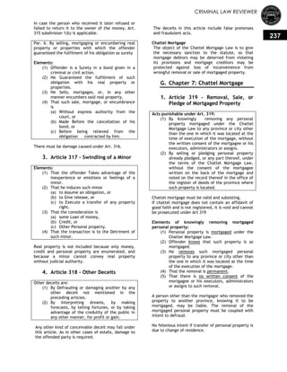 CRIMINAL LAW REVIEWER
237
In case the person who received it later refused or
failed to return it to the owner of the money, Art.
315 subdivision 1(b) is applicable.
Par. 6. By selling, mortgaging or encumbering real
property or properties with which the offender
guaranteed the fulfilment of his obligation as surety
Elements:
(1) Offender is a Surety in a bond given in a
criminal or civil action.
(2) He Guaranteed the fulfillment of such
obligation with his real property or
properties.
(3) He Sells, mortgages, or, in any other
manner encumbers said real property.
(4) That such sale, mortgage, or encumbrance
is
(a) Without express authority from the
court, or
(b) Made Before the cancellation of his
bond, or
(c) Before being relieved from the
obligation contracted by him.
There must be damage caused under Art. 316.
3. Article 317 - Swindling of a Minor
Elements:
(1) That the offender Takes advantage of the
inexperience or emotions or feelings of a
minor.
(2) That he induces such minor
(a) to Assume an obligation, or
(b) to Give release, or
(c) to Execute a transfer of any property
right.
(3) That the consideration is
(a) some Loan of money,
(b) Credit, or
(c) Other Personal property.
(4) That the transaction is to the Detriment of
such minor.
Real property is not included because only money,
credit and personal property are enumerated, and
because a minor cannot convey real property
without judicial authority.
4. Article 318 - Other Deceits
Other deceits are:
(1) By Defrauding or damaging another by any
other deceit not mentioned in the
preceding articles.
(2) By Interpreting dreams, by making
forecasts, by telling fortunes, or by taking
advantage of the credulity of the public in
any other manner, for profit or gain.
Any other kind of conceivable deceit may fall under
this article. As in other cases of estafa, damage to
the offended party is required.
The deceits in this article include false pretenses
and fraudulent acts.
Chattel Mortgage
The object of the Chattel Mortgage Law is to give
the necessary sanction to the statute, so that
mortgage debtors may be deterred from violating
its provisions and mortgage creditors may be
protected against loss of inconvenience from
wrongful removal or sale of mortgaged property.
G. Chapter 7: Chattel Mortgage
0.
1. Article 319 - Removal, Sale, or
Pledge of Mortgaged Property
Acts punishable under Art. 319:
(1) By knowingly removing any personal
property mortgaged under the Chattel
Mortgage Law to any province or city other
than the one in which it was located at the
time of execution of the mortgage, without
the written consent of the mortgagee or his
executors, administrators or assigns.
(2) By selling or pledging personal property
already pledged, or any part thereof, under
the terms of the Chattel Mortgage Law,
without the consent of the mortgagee
written on the back of the mortgage and
noted on the record thereof in the office of
the register of deeds of the province where
such property is located.
Chattel mortgage must be valid and subsisting.
If chattel mortgage does not contain an affidavit of
good faith and is not registered, it is void and cannot
be prosecuted under Art 319
Elements of knowingly removing mortgaged
personal property:
(1) Personal property is mortgaged under the
Chatter Mortgage Law.
(2) Offender knows that such property is so
mortgaged.
(3) He removes such mortgaged personal
property to any province or city other than
the one in which it was located at the time
of the execution of the mortgage.
(4) That the removal is permanent.
(5) That there is no written consent of the
mortgagee or his executors, administrators
or assigns to such removal.
A person other than the mortgagor who removed the
property to another province, knowing it to be
mortgaged, may be liable. The removal of the
mortgaged personal property must be coupled with
intent to defraud.
No felonious intent if transfer of personal property is
due to change of residence.
 