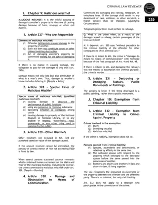 CRIMINAL LAW REVIEWER
239
I. Chapter 9: Malicious Mischief
MALICIOUS MISCHIEF: It is the willful causing of
damage to another‘s property for the sake of causing
damage because of hate, revenge or other evil
motive.
0.
1. Article 327 - Who Are Responsible
Elements of malicious mischief:
(1) Offender deliberately caused damage to the
property of another.
(2) Such act does not constitute arson or other
crimes involving destruction
(3) Act of damaging another‘s property be
committed merely for the sake of damaging
it.
If there is no malice in causing damage, the
obligation to pay for the damages is only civil (Art.
2176)
Damage means not only loss but also diminution of
what is a man‘s own. Thus, damage to another‘s
house includes defacing it. [People v Asido]
2. Article 328 - Special Cases of
Malicious Mischief
Special cases of malicious mischief: (qualified
malicious mischief)
(1) causing damage to obstruct the
performance of public functions
(2) using any poisonous or corrosive substance
(3) Spreading infection or contagion among
cattle
(4) causing damage to property of the National
Museum or National Library, or to any
archive or registry, waterworks, road,
promenade, or any other thing used in
common by the public.
3. Article 329 - Other Mischiefs
Other mischiefs not included in Art. 328 are
punished based on value of the damage caused.
If the amount involved cannot be estimated, the
penalty of arresto menor of fine not exceeding P200
is fixed by law.
When several persons scattered coconut remnants
which contained human excrement on the stairs and
floor of the municipal building, including its interior,
the crime committed is malicious mischief under Art.
329. [People v Dumlao]
4. Article 330 - Damage and
Obstruction to Means of
Communication
Committed by damaging any railway, telegraph, or
telephone lines. If the damage shall result in any
derailment of cars, collision, or other accident, a
higher penalty shall be imposed. (Qualifying
Circumstance)
Telegraph/phone lines must pertain to railways.
Q: What is the crime when, as a result of the
damage caused to railway, certain passengers of the
train are killed?
A: It depends. Art. 330 says ―without prejudice to
the criminal liability of the offender for other
consequences of his criminal act.‖
If there is no intent to kill, the crime is ―damages to
means to means of communication‖ with homicide
because of the first paragraph of Art. 4 and Art. 48.
If there is intent to kill, and damaging the railways
was the means to accomplish the criminal purpose,
the crime is murder
5. Article 331 – Destroying or
Damaging Statues, Public
Monuments or Paintings
The penalty is lower if the thing destroyed is a
public painting, rather than a public monument.
J. Chapter 10: Exemption from
Criminal Liability
0.
1. Article 332 - Exemption from
Criminal Liability in Crimes
Against Property
Crimes involved in the exemption:
(1) Theft
(2) Swindling (estafa)
(3) Malicious mischief
If the crime is robbery, exemption does not lie.
Persons exempt from criminal liability:
(1) Spouses, ascendants and descendants, or
relatives by affinity in the same line.
(2) The widowed spouse with respect to the
property which belonged to the deceased
spouse before the same passed into the
possession of another.
(3) Brothers and sisters and brothers-in-law and
sisters-in-law, if living together.
The law recognizes the presumed co-ownership of
the property between the offender and the offended
party. There is no criminal, but only civil liability.
Art. 332 does not apply to a stranger who
participates in the commission of the crime.
 