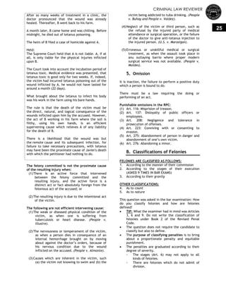 CRIMINAL LAW REVIEWER
25
After so many weeks of treatment in a clinic, the
doctor pronounced that the wound was already
healed. Thereafter, B went back to his farm.
A month later, B came home and was chilling. Before
midnight, he died out of tetanus poisoning.
The heirs of B filed a case of homicide against A.
Held:
The Supreme Court held that A is not liable. A, if at
all, is only liable for the physical injuries inflicted
upon B.
The Court took into account the incubation period of
tetanus toxic. Medical evidence was presented, that
tetanus toxic is good only for two weeks. If, indeed,
the victim had incurred tetanus poisoning out of the
wound inflicted by A, he would not have lasted for
around a month (22 days).
What brought about the tetanus to infect his body
was his work in the farm using his bare hands.
The rule is that the death of the victim must be
the direct, natural, and logical consequence of the
wounds inflicted upon him by the accused. However,
the act of B working in his farm where the soil is
filthy, using his own hands, is an efficient
supervening cause which relieves A of any liability
for the death of B.
There is a likelihood that the wound was but
the remote cause and its subsequent infection, for
failure to take necessary precautions, with tetanus
may have been the proximate cause of Javier's death
with which the petitioner had nothing to do.
The felony committed is not the proximate cause
of the resulting injury when:
(1)There is an active force that intervened
between the felony committed and the
resulting injury, and the active force is a
distinct act or fact absolutely foreign from the
felonious act of the accused; or
(2)The resulting injury is due to the intentional act
of the victim.
The following are not efficient intervening cause:
(1)The weak or diseased physical condition of the
victim, as when one is suffering from
tuberculosis or heart disease. (People v.
Illustre).
(2)The nervousness or temperament of the victim,
as when a person dies in consequence of an
internal hemorrhage brought on by moving
about against the doctor‘s orders, because of
his nervous condition due to the wound
inflicted on the accused. (People v. Almonte).
(3)Causes which are inherent in the victim, such
(a) the victim not knowing to swim and (b) the
victim being addicted to tuba drinking. (People
v. Buhay and People v. Valdez).
(4)Neglect of the victim or third person, such as
the refusal by the injured party of medical
attendance or surgical operation, or the failure
of the doctor to give anti-tetanus injection to
the injured person. (U.S. v. Marasigan).
(5)Erroneous or unskillful medical or surgical
treatment, as when the assault took place in
anu outlaying barrio where proper modern
surgical service was not available. (People v.
Moldes).
5. Omission
It is inaction, the failure to perform a positive duty
which a person is bound to do.
There must be a law requiring the doing or
performing of an act.
Punishable omissions in the RPC:
(1) Art. 116: Misprision of treason.
(2) Art. 137: Disloyalty of public officers or
employees.
(3) Art. 208: Negligence and tolerance in
prosecution of offenses.
(4) Art. 223: Conniving with or consenting to
evasion.
(5) Art. 275: Abandonment of person in danger and
abandonment of one‘s own victim.
(6) Art. 276: Abandoning a minor.
B. Classifications of Felonies
FELONIES ARE CLASSIFIED AS FOLLOWS:
1. According to the manner of their commission
2. According to the stages of their execution
(ASKED 9 TIMES IN BAR EXAMS)
3. According to their gravity
OTHER CLASSIFICATIONS:
4. As to count
5. As to nature
This question was asked in the bar examination: How
do you classify felonies and how are felonies
defined?
 TIP: What the examiner had in mind was Articles
3, 6 and 9. Do not write the classification of
felonies under Book 2 of the Revised Penal
Code.
 The question does not require the candidate to
classify but also to define.
 The purpose of classifying penalties is to bring
about a proportionate penalty and equitable
punishment.
 The penalties are graduated according to their
degree of severity.
◦ The stages (Art. 6) may not apply to all
kinds of felonies.
◦ There are felonies which do not admit of
division.
 