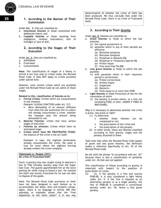 CRIMINAL LAW REVIEWER
26 1. According to the Manner of Their
Commission
Under Art. 3, they are classified as:
a. Intentional felonies or those committed with
deliberate intent; and
b. Culpable felonies or those resulting from
negligence, reckless imprudence, lack of
foresight or lack of skill.
2. According to the Stages of Their
Execution
Under Art. 6, they are classified as:
a. Attempted
b. Frustrated
c. Consummated
Note: The classification of stages of a felony in
Article 6 are true only to crimes under the Revised
Penal Code. It does NOT apply to crimes punished
under special laws.
However, even certain crimes which are punished
under the Revised Penal Code do not admit of these
stages.
Related to this, classification of felonies as to:
a. Formal Crimes: Crimes which are consummated
in one instance.
Example: ILLEGAL EXACTION under Art. 213
 Mere demanding of an amount different
from what the law authorizes him to collect
will already consummate a crime, whether
the taxpayer pays the amount being
demanded or not.
b. Material Felonies: crimes that have various
stages of execution
c. Felonies by omission: Crimes which have no
attempted stage.
d. Crimes which have NO FRUSTRATED STAGE:
the essence of the crime is the act itself.
Example: in rape, the slightest penetration
already consummates the crime; the same is
true for arson where the slightest burning
already renders the crime complete.
Valenzuela vs. People (2007):
No crime of frustrated theft.
Facts: A grocery boy was caught trying to abscond a
box of Tide Ultrabar laundry soap from the Super
Sale Club. The guards apprehended him at the store
parking lot while trying to board a taxi. He claimed
the theft was merely frustrated for he was not able
to dispose of the goods.
Held: The Revised Penal Code provisions on theft
have not been designed in such fashion as to
accommodate the Adiao, Dino and Empelis rulings.
Again, there is no language in Article 308 that
expressly or impliedly allows that the ―free
disposition of the items stolen‖ is in any way
determinative of whether the crime of theft has
been produced. We thus conclude that under the
Revised Penal Code, there is no crime of frustrated
theft.
3. According to Their Gravity
Under Art. 9, felonies are classified as:
a. Grave felonies or those to which the law
attaches
(1) the capital punishment or
(2) penalties which in any of their periods are
afflictive;
(a) Reclusion perpetua
(b) Reclusion temporal
(c) Perpetual or Absolute DQ
(d) Perpetual or Temporary Special DQ
(e) Prision mayor
(f) Fine more than P6,000
b. Less grave felonies or those to which the law
punishes
(1) with penalties which in their maximum
period is correctional;
(a) Prision correccional
(b) Arresto mayor
(c) Suspension
(d) Destierro
(e) Fines equal to or more than P200
c. Light felonies or those infractions of law for the
commission of which
(1) the penalty is arresto menor, or a fine not
exceeding P200, or both. (ASKED 4 TIMES IN
BAR EXAMS)
Why is it necessary to determine whether the crime
is grave, less grave or light?
(1) To determine
 whether these felonies can be
complexed or not;
 the prescription of the crime and
 the prescription of the penalty.
(2) In other words, these are felonies classified
according to their gravity, stages and the
penalty attached to them.
Take note that when the Revised Penal Code speaks
of grave and less grave felonies, the definition
makes a reference specifically to Art. 25 of the
Revised Penal Code.
Do not omit the phrase ―In accordance with Art. 25‖
because there is also a classification of penalties
under Art. 26 that was not applied.
This classification of felony according to gravity is
important with respect to the question of
prescription of crimes.
(3) Ex. If the penalty is a fine and exactly
P200.00, it is only considered a light felony
under Art. 9. If the fine is imposed as an
alternative penalty or as a single penalty, the
fine of P200.00 is considered a correctional
penalty under Art. 26, hence a less grave
penalty.
 