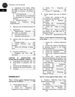 CRIMINAL LAW REVIEWER
6
3. Suspension from Public Office,
the Right to Vote and Be Voted for,
the Right to Practice a Profession or
Calling................................... 91
4. Civil Interdiction.............. 91
5. Indemnification or Confiscation
of Instruments or Proceeds of the
Offense............................... 91
6. Payment of Costs ............. 91
Perpetual or Temporary Special
Disqualification ........................... 92
E. Measures not considered penalty 92
F. Application .......................... 93
1. Indeterminate Sentence Law
(R.A. 4013, as amended) ............. 94
2. The Three-fold rule ............. 96
3. Subsidiary imprisonment........ 97
G. Special rules for certain situations
104
1. Complex Crimes.................104
2. Crimes Different from That
Intended ...............................105
3. Where the Offender Is Below 18
Years ...................................106
H. Execution and Service ............107
1. Probation Law (P.D. 968, as
amended) ..............................108
CHAPTER VI. MODIFICATION AND
EXTINCTION OF CRIMINAL LIABILITY .. 113
A. Prescription of crimes (Art. 90) .113
B. Prescription of penalties (Art. 92)
114
C. Pardon by the offended party ...115
D. Pardon by the Chief Executive...115
E. Amnesty.............................115
Criminal Law 2
Title I. Crimes against National Security
and the Law of Nations.................. 155
A. Crimes against Security...........155
1. Article 114 – Treason...........155
2. Article 115 - Conspiracy and
Proposal to Commit Treason........156
3. Article 116 - Misprision of
Treason.................................156
4. Article 117 – Espionage.........157
B. Crimes against the Law of Nations
157
1. Article 118 - Inciting to War or
Giving Motives for Reprisals .........157
2. Article 119 - Violation of
Neutrality ..............................157
3. Article 120 - Correspondence
with Hostile Country .................157
4. Article 121 - Flight to Enemy's
Country.................................157
5. Article 122 - Piracy in General
and Mutiny on the High Seas or in
Philippine Waters .....................157
6. Article 123 - Qualified Piracy.158
Title II. Crimes against Fundamental Laws
of the State ................................ 158
1. Article 124 - Arbitrary Detention
158
2. Article 125 - Delay in the Delivery
of Detained Persons to the Proper
Judicial Authorities...................159
3. Article 126 - Delaying Release 159
4. Article 127 – Expulsion .........160
5. Article 128 - Violation of Domicile
160
6. Article 129 - Search Warrants
Maliciously Obtained, and Abuse in the
Service of Those Legally Obtained .160
7. Article 130 - Searching Domicile
without Witnesses ....................161
8. Article 131 - Prohibition,
Interruption and Dissolution of
Peaceful Meetings ....................161
9. Article 132 - Interruption of
Religious Worship .....................161
10. Article 133 - Offending the
Religious Feelings.....................162
Title III. Crimes against Public Order . 162
A. Chapter I – Rebellion, Coup d‘etat,
Sedition and Disloyalty..................162
1. Article 134 - Rebellion
/Insurrection ..........................162
2. Article 134-A - Coup d‘ État...163
3. Article 135 - Penalty for
Rebellion, Insurrection or Coup d‘ État
163
 
