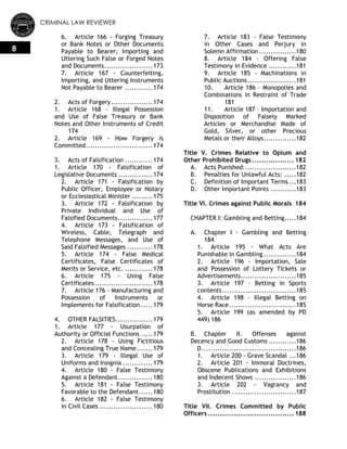 CRIMINAL LAW REVIEWER
8
6. Article 166 - Forging Treasury
or Bank Notes or Other Documents
Payable to Bearer; Importing and
Uttering Such False or Forged Notes
and Documents.....................173
7. Article 167 - Counterfeiting,
Importing, and Uttering Instruments
Not Payable to Bearer ............174
2. Acts of Forgery..................174
1. Article 168 - Illegal Possession
and Use of False Treasury or Bank
Notes and Other Instruments of Credit
174
2. Article 169 - How Forgery is
Committed.............................174
3. Acts of Falsification ............174
1. Article 170 - Falsification of
Legislative Documents ...............174
2. Article 171 - Falsification by
Public Officer, Employee or Notary
or Ecclesiastical Minister .........175
3. Article 172 - Falsification by
Private Individual and Use of
Falsified Documents...............177
4. Article 173 - Falsification of
Wireless, Cable, Telegraph and
Telephone Messages, and Use of
Said Falsified Messages ...........178
5. Article 174 - False Medical
Certificates, False Certificates of
Merits or Service, etc. ............178
6. Article 175 - Using False
Certificates.........................178
7. Article 176 - Manufacturing and
Possession of Instruments or
Implements for Falsification .....179
4. OTHER FALSITIES................179
1. Article 177 - Usurpation of
Authority or Official Functions .....179
2. Article 178 - Using Fictitious
and Concealing True Name.......179
3. Article 179 - Illegal Use of
Uniforms and Insignia .............179
4. Article 180 - False Testimony
Against a Defendant...............180
5. Article 181 - False Testimony
Favorable to the Defendant......180
6. Article 182 - False Testimony
in Civil Cases .......................180
7. Article 183 - False Testimony
in Other Cases and Perjury in
Solemn Affirmation ................180
8. Article 184 - Offering False
Testimony in Evidence ............181
9. Article 185 - Machinations in
Public Auctions.....................181
10. Article 186 – Monopolies and
Combinations in Restraint of Trade
181
11. Article 187 – Importation and
Disposition of Falsely Marked
Articles or Merchandise Made of
Gold, Silver, or other Precious
Metals or their Alloys..............182
Title V. Crimes Relative to Opium and
Other Prohibited Drugs .................. 182
A. Acts Punished:......................182
B. Penalties for Unlawful Acts: .....182
C. Definition of Important Terms ...183
D. Other Important Points ...........183
Title VI. Crimes against Public Morals 184
CHAPTER I: Gambling and Betting.....184
A. Chapter I - Gambling and Betting
184
1. Article 195 - What Acts Are
Punishable in Gambling ..............184
2. Article 196 - Importation, Sale
and Possession of Lottery Tickets or
Advertisements........................185
3. Article 197 – Betting in Sports
contents................................185
4. Article 198 - Illegal Betting on
Horse Race.............................185
5. Article 199 (as amended by PD
449) 186
B. Chapter II. Offenses against
Decency and Good Customs ............186
0.........................................186
1. Article 200 - Grave Scandal ...186
2. Article 201 - Immoral Doctrines,
Obscene Publications and Exhibitions
and Indecent Shows ..................186
3. Article 202 - Vagrancy and
Prostitution ............................187
Title VII. Crimes Committed by Public
Officers ..................................... 188
 