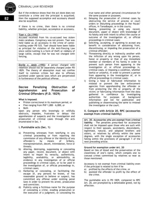 CRIMINAL LAW REVIEWER
82
But if the evidence shows that the act done does not
constitute a crime and the principal is acquitted,
then the supposed accomplice and accessory should
also be acquitted.
If there is no crime, then there is no criminal
liability, whether principal, accomplice or accessory.
Taer v. CA (1990):
Accused received from his co-accused two stolen
male carabaos. Conspiracy was not proven. Taer was
held liable as an accessory in the crime of cattle-
rustling under PD 533. Taer should have been liable
as principal for violation of the Anti-Fencing Law
since cattle-rustling is a form of theft or robbery of
large cattle, except that he was not charged with
fencing.
Enrile v. Amin (1990): A person charged with
rebellion should not be separately charged under PD
1829. The theory of absorption must not confine
itself to common crimes but also to offenses
punished under special laws which are perpetrated
in furtherance of the political offense.
Decree Penalizing Obstruction of
Apprehension and Prosecution of
Criminal Offenders (P.D. 1829)
What is imposed:
 Prision correccional in its maximum period, or
 Fine ranging from PhP 1,000 – 6,000, or
 Both
Upon any person who knowingly or willfully
obstructs, impedes, frustrates or delays the
apprehension of suspects and the investigation and
prosecution of criminal cases through the acts
enumerated in Sec. 1
i. Punishable acts (Sec. 1)
a) Preventing witnesses from testifying in any
criminal proceeding or from reporting the
commission of any offense or the identity of any
offender/s by means of bribery,
misrepresentation, deceit, intimidation, force or
threats;
b) Altering, destroying, suppressing or concealing
any paper, record, document, or object with
intent to impair its veracity, authenticity,
legibility, availability, or admissibility as
evidence in any investigation of or official
proceedings in criminal cases, or to be used in
the investigation of, or official proceedings in,
criminal cases;
c) Harboring or concealing, or facilitating the
escape of, any persons he knows, or has
reasonable ground to believe or suspect, has
committed any offense under existing penal
laws in order to prevent his arrest, prosecution
and conviction;
d) Publicly using a fictitious name for the purpose
of concealing a crime, evading prosecution or
the execution of a judgment, or concealing his
true name and other personal circumstances for
the same purpose or purposes;
e) Delaying the prosecution of criminal cases by
obstructing the service of process or court
orders or disturbing proceedings in the fiscals‘
offices, in Tanodbayan, or in the courts;
f) Making, presenting or using any record,
document, paper or object with knowledge of
its falsity and with intent to affect the course or
outcome of the investigation of, or official
proceedings in criminal cases;
g) Soliciting, accepting, or agreeing to accept any
benefit in consideration of abstaining from,
discontinuing, or impeding the prosecution of a
criminal offender;
h) Threatening directly or indirectly another with
the infliction of any wrong upon his person,
honor or property or that of any immediate
member or members of his family in order to
prevent such person from appearing in the
investigation of, or official proceedings in,
criminal cases, or imposing a condition, whether
lawful or unlawful, in order to prevent a person
from appearing in the investigation of, or in
official proceedings in criminal cases;
i) Giving a false or fabricated information to
mislead or prevent the law enforcement
agencies from apprehending the offender or
from protecting the life or property of the
victim; or fabricating information from the data
gathered in confidence by investigating
authorities for purposes of background
information and not for publication and
publishing or disseminating the same to mislead
the investigator or the court.
ii. Compare with Article 20, RPC (accessories
exempt from criminal liability)
Art. 20. Accessories who are exempt from criminal
liability – The penalties prescribed for accessories
shall not be imposed upon those who are such with
respect to their spouses, ascendants, descendants,
legitimate, natural, and adopted brothers and
sisters, or relatives by affinity within the same
degrees, with the single exception of accessories
falling within the provisions of paragraph 1 of the
next preceding article.
Ground for exemption under Art. 20
Based on ties of blood and the preservation of the
cleanliness of one‘s name, which compels one to
conceal crimes committed by relatives so near as
those mentioned.
Accessory is not exempt from criminal liability even
if the principal is related to him if he
a) profited by the effects of the crime, or
b) assisted the offender to profit by the effect of
the crime.
The punishable acts in PD 1829, compared to RPC
Art. 20, are prompted by a detestable greed, not by
affection.
 
