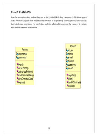 19
CLASS DIAGRAM:
In software engineering, a class diagram in the Unified Modelling Language (UML) is a type of
static structure diagram that describes the structure of a system by showing the system's classes,
their attributes, operations (or methods), and the relationships among the classes. It explains
which class contains information.
 