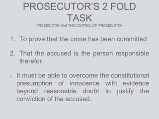 PROSECUTOR’S 2 FOLD
TASK
PROSECUTOR HAS THE CONTROL OF PROSECUTION
1. To prove that the crime has been committed
2. That the accused is the person responsible
therefor.
It must be able to overcome the constitutional
presumption of innocence with evidence
beyond reasonable doubt to justify the
conviction of the accused.
 