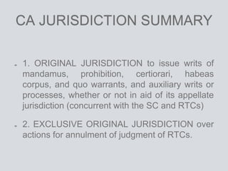 CA JURISDICTION SUMMARY
1. ORIGINAL JURISDICTION to issue writs of
mandamus, prohibition, certiorari, habeas
corpus, and quo warrants, and auxiliary writs or
processes, whether or not in aid of its appellate
jurisdiction (concurrent with the SC and RTCs)
2. EXCLUSIVE ORIGINAL JURISDICTION over
actions for annulment of judgment of RTCs.
 