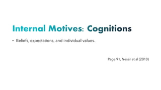 Internal Motives: Cognitions
• Beliefs, expectations, and individual values.
Page 91, Neser et al (2010)
 