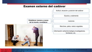 Examen externo del cadáver
Establecer manera y causa
de la muerte, considerar:
Actitud, situación y posición del cadáver
E...