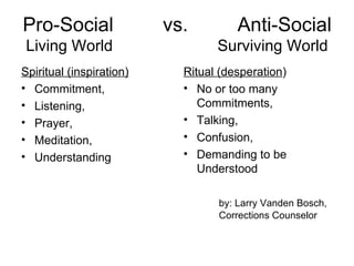 Pro-Social  vs.  Anti-Social Living World  Surviving World Spiritual (inspiration) Commitment, Listening,  Prayer,  Meditation, Understanding Ritual (desperation ) No or too many Commitments, Talking,  Confusion, Demanding to be Understood by: Larry Vanden Bosch,  Corrections Counselor 