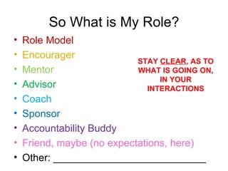 So What is My Role? Role Model Encourager Mentor Advisor Coach Sponsor Accountability Buddy Friend, maybe (no expectations, here) Other: ___________________________ STAY  CLEAR , AS TO WHAT IS GOING ON, IN YOUR INTERACTIONS 