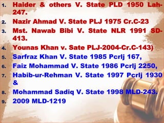1. Haider & others V. State PLD 1950 Lah-
247.
2. Nazir Ahmad V. State PLJ 1975 Cr.C-23
3. Mst. Nawab Bibi V. State NLR 1991 SD-
413.
4. Younas Khan v. Sate PLJ-2004-Cr.C-143)
5. Sarfraz Khan V. State 1985 Pcrlj 167,
6. Faiz Mohammad V. State 1986 Pcrlj 2250,
7. Habib-ur-Rehman V. State 1997 Pcrlj 1930
&
8. Mohammad Sadiq V. State 1998 MLD-243.
9. 2009 MLD-1219
 