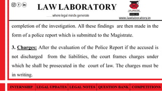 completion of the investigation. All these findings are then made in the
form of a police report which is submitted to the Magistrate.
3. Charges: After the evaluation of the Police Report if the accused is
not discharged from the liabilities, the court frames charges under
which he shall be prosecuted in the court of law. The charges must be
in writing.
 