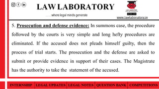 5. Prosecution and defense evidence: In summons case, the procedure
followed by the courts is very simple and long hefty procedures are
eliminated. If the accused does not pleads himself guilty, then the
process of trial starts. The prosecution and the defense are asked to
submit or provide evidence in support of their cases. The Magistrate
has the authority to take the statement of the accused.
 