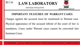 IMPORTANT FEATURES OF WARRANT CASES
Charges against the accused must be mentioned in Warrant case.
Physical appearance of the accused infront of the court of law is
mandatory. Cases under Warrant cases cannot be converted into
Summon Cases.
 