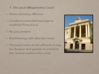 • Hears summary offences
• Conducts committal hearings to
establish Prima Facie
• No jury present
• Bail Hearings will often be heard
• The local court can be efﬁcient, it may
be cheaper and quicker to establish
the correct evidence for a trial
1. The Local (Magistrates) Court
 