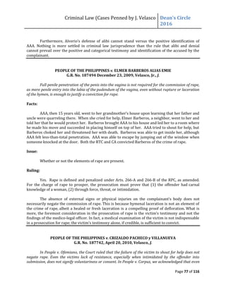 Criminal Law (Cases Penned by J. Velasco Dean’s	
  Circle	
  
2016
Page 77 of 116
Furthermore,	
   Alverio’s	
   defense	
   of	
   alibi	
   cannot	
   stand	
   versus	
   the	
   positive	
   identification	
   of	
  
AAA. Nothing is more settled in criminal law jurisprudence than the rule that alibi and denial
cannot prevail over the positive and categorical testimony and identification of the accused by the
complainant.
PEOPLE OF THE PHILIPPINES v. ELMER BARBEROS ALIAS EMIE
G.R. No. 187494 December 23, 2009, Velasco, Jr., J.
Full penile penetration of the penis into the vagina is not required for the commission of rape,
as mere penile entry into the labia of the pudendum of the vagina, even without rupture or laceration
of the hymen, is enough to justify a conviction for rape.
Facts:
AAA,	
  then	
  15	
  years	
  old,	
  went	
  to	
  her	
  grandmother’s	
  house	
  upon	
  learning	
  that	
  her	
  father	
  and	
  
uncle were quarreling there. When she cried for help, Elmer Barberos, a neighbor, went to her and
told her that he would protect her. Barberos brought AAA to his house and led her to a room where
he made his move and succeeded in placing himself on top of her. AAA tried to shout for help, but
Barberos choked her and threatened her with death. Barberos was able to get inside her, although
AAA felt less-than-total penetration. AAA was able to escape by jumping out of the window when
someone knocked at the door. Both the RTC and CA convicted Barberos of the crime of rape.
Issue:
Whether or not the elements of rape are present.
Ruling:
Yes. Rape is defined and penalized under Arts. 266-A and 266-B of the RPC, as amended.
For the charge of rape to prosper, the prosecution must prove that (1) the offender had carnal
knowledge of a woman, (2) through force, threat, or intimidation.
The absence of external signs	
   or	
   physical	
   injuries	
   on	
   the	
   complainant’s	
   body	
   does	
   not	
  
necessarily negate the commission of rape. This is because hymenal laceration is not an element of
the crime of rape, albeit a healed or fresh laceration is a compelling proof of defloration. What is
more,	
  the	
  foremost	
  consideration	
  in	
  the	
  prosecution	
  of	
  rape	
  is	
  the	
  victim’s	
  testimony	
  and	
  not	
  the	
  
findings of the medico-legal officer. In fact, a medical examination of the victim is not indispensable
in	
  a	
  prosecution	
  for	
  rape;	
  the	
  victim’s	
  testimony alone, if credible, is sufficient to convict.
PEOPLE OF THE PHILIPPINES v. CRIZALDO PACHECO y VILLANUEVA
G.R. No. 187742, April 20, 2010, Velasco, J.
In People v. Ofemiano, the Court ruled that the failure of the victim to shout for help does not
negate rape. Even the victims lack of resistance, especially when intimidated by the offender into
submission, does not signify voluntariness or consent. In People v. Corpuz, we acknowledged that even
 