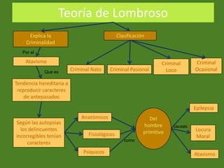 Teoría de Lombroso
     Explica la                                 Clasificación
    Criminalidad
   Por el

    Atavismo                                                        Criminal     Criminal
            Que es
                          Criminal Nato    Criminal Pasional          Loco       Ocasional

Tendencia hereditaria a
 reproducir caracteres
    de antepasados

                                                                                 Epilepsia
                              Anatómicos                       Del
Según las autopsias                                         hombre      causas
  los delincuentes                                          primitivo            Locura
incorregibles tenían             Fisiológicos                                    Moral
                                                   como
     caracteres
                               Psíquicos                                         Atavismo
 