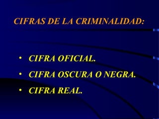 CIFRAS DE LA CRIMINALIDAD:
• CIFRA OFICIAL.
• CIFRA OSCURA O NEGRA.
• CIFRA REAL.
 