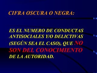 CIFRA OSCURA O NEGRA:
ES EL NUMERO DE CONDUCTAS
ANTISOCIALES Y/O DELICTIVAS
(SEGÚN SEA EL CASO), QUE NO
SON DEL CONOCIMIENTO
DE LA AUTORIDAD.
 