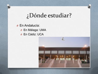 ¿Dónde estudiar?
O En Andalucía:
  O En Málaga: UMA
  O En Cádiz: UCA
 