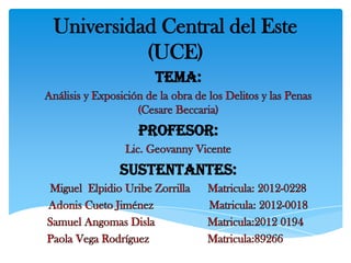 Universidad Central del Este
(UCE)
Tema:
Profesor:
Sustentantes:
 