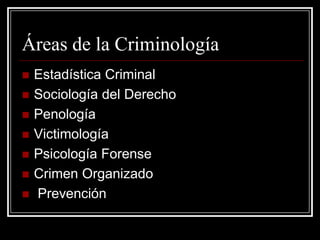 Áreas de la Criminología
   Estadística Criminal
   Sociología del Derecho
   Penología
   Victimología
   Psicología Forense
   Crimen Organizado
   Prevención
 