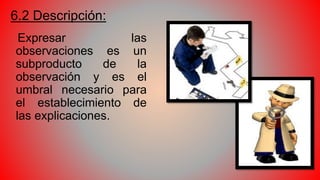 6.2 Descripción:
Expresar las
observaciones es un
subproducto de la
observación y es el
umbral necesario para
el establecimiento de
las explicaciones.
 