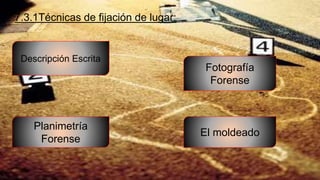 7.3.1Técnicas de fijación de lugar:
Descripción Escrita
Fotografía
Forense
Planimetría
Forense
El moldeado
 