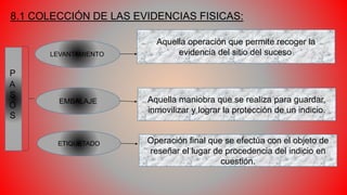 8.1 COLECCIÓN DE LAS EVIDENCIAS FISICAS:
LEVANTAMIENTO
EMBALAJE
ETIQUETADO
P
A
S
O
S
Aquella operación que permite recoger la
evidencia del sitio del suceso.
Aquella maniobra que se realiza para guardar,
inmovilizar y lograr la protección de un indicio.
Operación final que se efectúa con el objeto de
reseñar el lugar de procedencia del indicio en
cuestión.
 