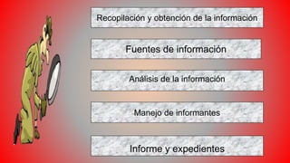 Recopilación y obtención de la información
Fuentes de información
Análisis de la información
Manejo de informantes
Informe...