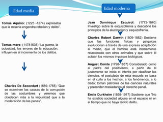 Edad media
Tomas Aquino: (1225 -1274) expresaba
que la miseria engendra rebelión y delito”.
Tomas moro: (14781535) “La guerra, la
ociosidad, los errores de la educación,
influyen en el incremento de los delitos.
Charles De Secondart (1689-1755) “Que
se examinen las causas de la corrupción
de las costumbres y veremos que
obedecen más a la impunidad que a la
moderación de las penas”.
Edad moderna
Jean Dominique Esquirol: (1772-1840)
Investigo sobre la esquizofrenia y descubrió los
principios de la alucinación y esquizofrenia.
Charles Robert Darwin (1809-1882) Sostiene
que las funciones físicas y psíquicas
evolucionan a través de una expresa adaptación
al medio, que el hombre está íntimamente
relacionado con otros animales y que sobre él
actúan los mismos impulsos biológicos.
August Comte (1798-1857) Considerado como
el padre del positivismo, a partir de él
justamente se inicia el interés por clasificar las
ciencias, el postulado de esta escuela se basa
en el culto a los hechos, a los fenómenos, a lo
dado; toman patrones de las ciencias naturales
y pretenden trasladarlos al derecho penal.
Emile Durkheim (1858-1917) Sostiene que "No
ha existido sociedad alguna en el espacio ni en
el tiempo que no haya tenido delito.
 