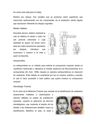 los casos será apta para el cotejo.
Rastros por ataque: Son aquellos que se producen sobre superficies que
reaccionan químicamente con los componentes de la exudación, dando figuras
que reproducen fielmente los dibujos originales.
Retrato Hablado
Disciplina técnico artístico mediante la
cual se elabora el retrato o rostro de
una persona extraviada o cuya
identidad se ignora. Se toman como
base los datos fisonómicos aportados
por testigos, individuos que
conocieron o tuvieron a la vista a
quien se describe.
Antropometría
La antropometría es un método para estimar la composición corporal, donde se
cuantifican mediciones y utilizamos el modelo anatómico de fraccionamiento en 5
componentes (Dr. Kerr, 1988), basado en estudios antropométricos en disección
de cadáveres. Este método se caracteriza por ser no invasivo, práctico y sencillo,
lo cual lo hace accesible a todo público que quiera conocer su composición
corporal.
Odontología Forense
Es la rama de la Medicina Forense que consiste en la identificación de cadáveres
severamente mutilados o carbonizados o
víctimas halladas en estado de putrefacción
avanzada, requiere la aplicación de técnicas
odontológicas, que mediante el estudio de los
dientes y las restauraciones dentales, busca su
identificación. Identifica el sexo, la edad y
 