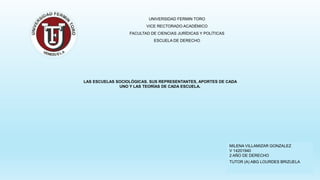 MILENA VILLAMIZAR GONZALEZ 
V 14201940 
2 AÑO DE DERECHO 
TUTOR (A) ABG LOURDES BRIZUELA 
UNIVERSIDAD FERMIN TORO 
VICE RECTORADO ACADÉMICO 
FACULTAD DE CIENCIAS JURÍDICAS Y POLÍTICAS 
ESCUELA DE DERECHO 
LAS ESCUELAS SOCIOLÓGICAS. SUS REPRESENTANTES, APORTES DE CADA 
UNO Y LAS TEORÍAS DE CADA ESCUELA. 
 