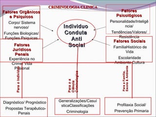 Fatores OrgânicosFatores Orgânicos
e Psiquicose Psiquicos
Corpo/ Sistema
nervoso/
Funções Biologicas/
Funções Psiquicas
FatoresFatores
PsicológicosPsicológicos
Personalidade/Inteligê
ncia/
Tendências/Valores/
Resistência
IndividuoIndividuo
CondutaConduta
AntiAnti
SocialSocialFatoresFatores
JurídicosJurídicos
PenaisPenais
Experiência no
Crime/ Vida
Prisional
Fatores SociaisFatores Sociais
FamíliaHistórico de
Vida
Escolaridade
Ambiente Cultura
CRIMINOLOGIA CLINICACRIMINOLOGIA CLINICA
Diagnóstico/ Prognóstico
Propostas Terapêutico-
Penais
Generalizações/Casuí
sticaClassificações
Criminologia
Profilaxia Social/
Prevenção Primaria
ParaoIndivíduoParaoIndivíduo
ParaoaParaoa
CiênciaCiência
CriminologicaCriminologica
ParaaFamília,ParaaFamília,
Escola&AmbienteEscola&Ambiente
 