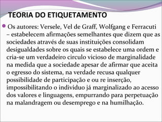 TEORIA DO ETIQUETAMENTO
Os autores: Versele, Vel de Graff, Wolfgang e Ferracuti
– estabelecem afirmações semelhantes que dizem que as
sociedades através de suas instituições consolidam
desigualdades sobre os quais se estabelece uma ordem e
cria-se um verdadeiro circulo vicioso de marginalidade
na medida que a sociedade apesar de afirmar que aceita
o egresso do sistema, na verdade recusa qualquer
possibilidade de participação e ou re inserção,
impossibilitando o individuo já marginalizado ao acesso
dos valores e linguagens, empurrando para perpetuação
na malandragem ou desemprego e na humilhação.
 