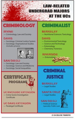 LAW-RELATED
UNDERGRAD MAJORS
AT THE UCs
Criminology Criminalist
IRVINE
— Criminology, Law and Society
SAN DIEGO
— Sociology: Law and Society
— Sociology: Science and Medicine
— Sociology: Social Inequalities
DAVIS
— Sociology: Criminal Justice System
— Sociology: Orgnizational Studies
(includes prisons)
BERKELEY
— Nutritional Sciences: Toxicology
DAVIS
— Environmental Toxicology
— Science and Technology
— Entomology
— Chemistry: Forensics
RIVERSIDE
— Entomology
Criminal
Justice
BERKELEY
— Legal Studies
SANTA CRUZ
— Legal Studies
SAN DIEGO
— Political Science
(specialty: Public Law)
Certificate
Programs
UC Riverside Extension
— Crime Scene Investigation
Certificate
UC Davis Extension
— Paralegal Certificate
© CA COLLEGE TRANSFER
 