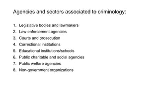 Agencies and sectors associated to criminology:
1. Legislative bodies and lawmakers
2. Law enforcement agencies
3. Courts and prosecution
4. Correctional institutions
5. Educational institutions/schools
6. Public charitable and social agencies
7. Public welfare agencies
8. Non-government organizations
 