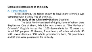 Biological explanations of criminality
A. Family Studies
In this method, the family known to have many criminals was
compared with a family free of criminals.
1. The study of the Juke Family (Richard Dugdale)
The Juke Family consisted of 6 girls, some of whom were
illegitimate. One of them, Ada Juke, was known as “The Mother of
Criminals.” Dugdale traced the 1,200 descendants for 75 years and
found 280 paupers, 60 thieves, 7 murderers, 40 other criminals, 40
with sexual diseases, 300 infants prematurely born, 50 prostitutes,
and 30 who were prosecuted for bastardy.
 