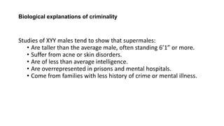 Biological explanations of criminality
Studies of XYY males tend to show that supermales:
• Are taller than the average male, often standing 6’1” or more.
• Suffer from acne or skin disorders.
• Are of less than average intelligence.
• Are overrepresented in prisons and mental hospitals.
• Come from families with less history of crime or mental illness.
 