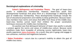 Sociological explanations of criminality
Cohen’s Delinquency and Frustration Theory - The goal of lower-class
youths is middle-class membership. However, lower-class youth face
developmental handicaps that place them at a disadvantage in obtaining their
goal of middle-class membership. These developmental handicaps include the
lack of educational preparation and inability to delay gratification. Because lower-
class members have norms and values that differ from those of the middle class,
lower-class families cannot teach their children the proper socialization
techniques necessary for middle-class membership.
His position was that delinquent behavior of lower class youths is actually
a protest against the norms and values of middle-class culture. Because social
conditions make them incapable of achieving success legitimately, lower-class
youths experience status frustration. As a result, they join in gangs and engage in
non-utilitarian, malicious and negativistic behavior.
• Status Frustration – occurs due to a person’s inability to obtain the goal of
middle-class status.
 