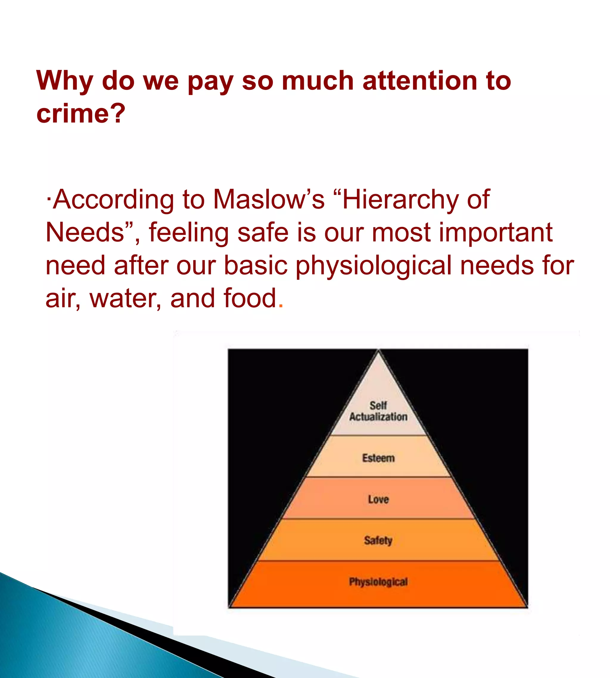 Why is crime so riveting?Why do we pay so much attention to crime?·According to Maslow’s “Hierarchy of Needs”, feeling safe is our most important need after our basic physiological needs for air, water, and food.  