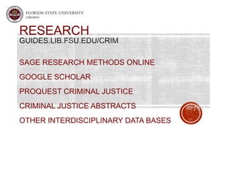 RESEARCH 
SAGE RESEARCH METHODS ONLINE 
GOOGLE SCHOLAR 
PROQUEST CRIMINAL JUSTICE 
CRIMINAL JUSTICE ABSTRACTS 
OTHER INTERDISCIPLINARY DATA BASES 
 