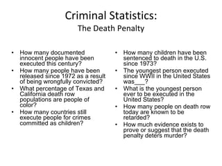 Criminal Statistics: The Death Penalty ,[object Object],[object Object],[object Object],[object Object],[object Object],[object Object],[object Object],[object Object],[object Object]