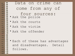 Data on crime can come from any of four sources: Ask the police Ask the courts Ask the victim Ask the offender Each of these has advantages and disadvantages.  Detail follows.   