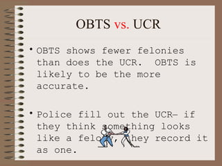OBTS  vs.  UCR OBTS shows fewer felonies than does the UCR.  OBTS is likely to be the more accurate.  Police fill out the UCR –  if they think something looks like a felony, they record it as one.  